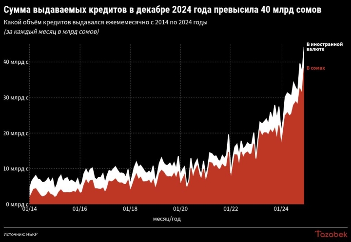 Банки выдали рекордные 44,2 млрд сомов кредитов в декабре 2024 года