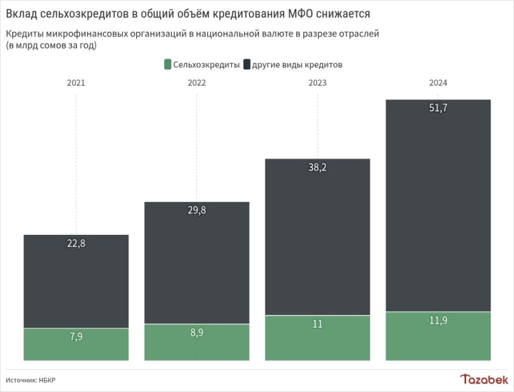 Микрофинансовые организации выдали 12 млрд сомов кредитов сельскому хозяйству в 2024 году